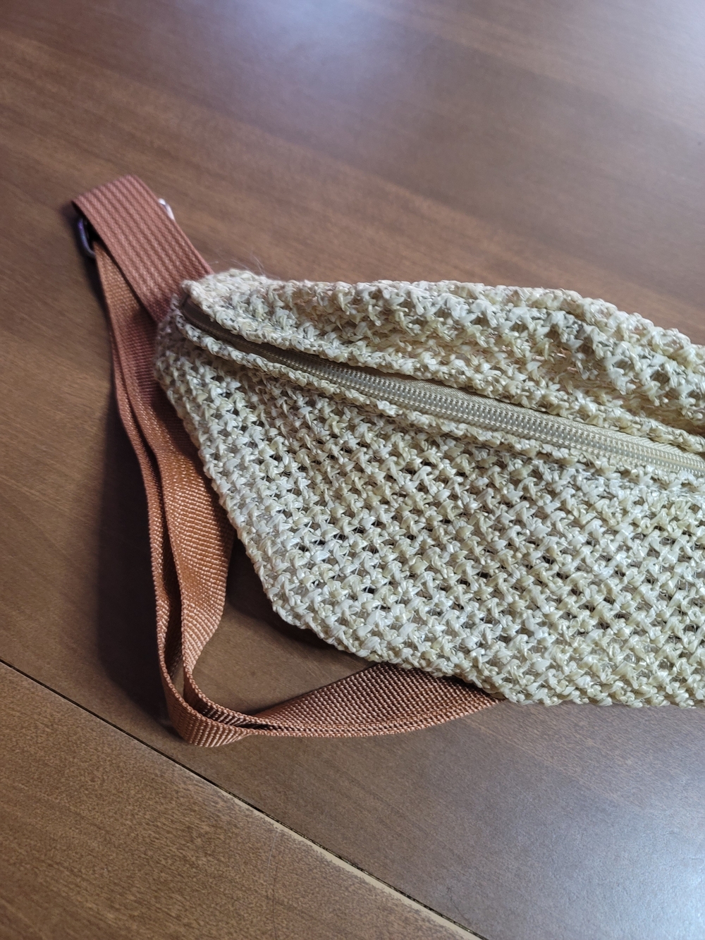 Woven Knit Rattan Belt Bag - Tan with Brown Strap